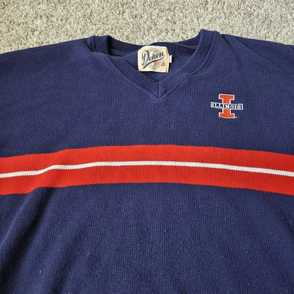 VINTAGE Fighting Illini Sweater Mens 2XL Dehen Blue V Neck Acrylic Long Sleeve